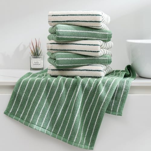 Green Stripe Hand Towels Set of 6，Ultra-Absorbent & Quick-Drying Bathroom Hand Towels 100% Cotton Face Towels, Soft Hand Towels for Bathroom，13” x 29” - color: Green
