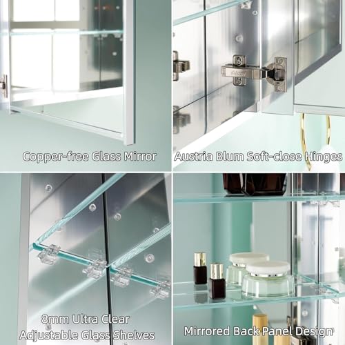 48" x 36" Bathroom Medicine Cabinet with Mirror, Anodized Chrome Aluminum Frame, Surface Mount or Recessed Medicine Cabinet with Mirror, Bathroom Mirror with Storage, Three Doors - size: 48"x36"-A