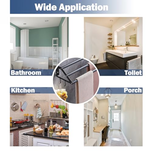 3-Layers Bathroom Towel Bar Wall Mounted, Adhesive Bath Towel Holder Rack | Stainless Steel, Adhesive or Screw-in, 13.5"-24.5" Adjustable Design, Black Hand Towel Rod with Hooks for Home Kitchen Toilet