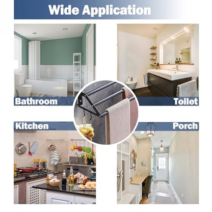 3-Layers Bathroom Towel Bar Wall Mounted, Adhesive Bath Towel Holder Rack | Stainless Steel, Adhesive or Screw-in, 13.5"-24.5" Adjustable Design, Black Hand Towel Rod with Hooks for Home Kitchen Toilet