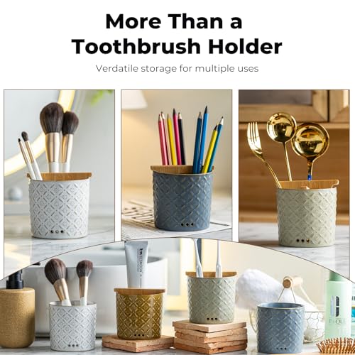 Zoeeker Toothbrush Holders, Detachable 3 Slots Electric Toothpaste Holder | Ceramic Toothbrush & Toothpaste Cup with Drain Holes & Bamboo Divider Brush Holder for Bathroom Countertop, Family, Blue - color: A-blue