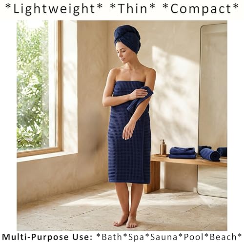 PÜSKÜL 2-Piece Natural 100% Turkish Cotton Waffle Bath Towels Extra-Large | Navy Blue, 32x63" Bath Sheet Towel, Light Soft Absorbent Quick-Dry Lint-Free Premium Honeycomb Weave Oeko-Tex Made in Turkiye - color: Navy Blue, size: Bath Towels - Pack of 2