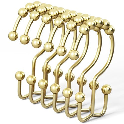 DAWNER Shower Curtain Hooks Rings, Rust Proof Hooks, Metal Easy Glide Double Shower Rings Hooks, Stainless Steel Shower Curtain Hangers for Bathroom Shower Curtains, Set of 12 Hooks, Gold Color - color: Gold