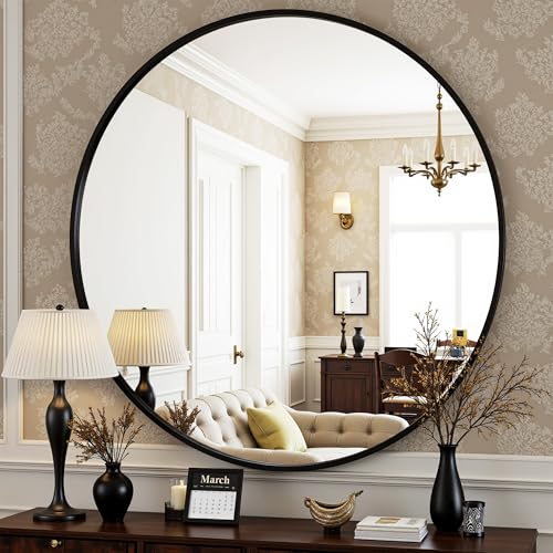Antok 24 Inch Round Mirror for Wall, Round Bathroom Mirror, Circle Wall Mirrors with Black Metal Frame, Circle Mirrors Suitable for Wall, Bathroom, Vanity, Living Room, Entryway - color: Black, size: 24"L x 24"W