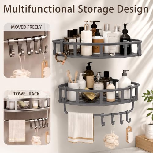Shower Caddy Hanging Gray, 2 Pack Rustproof Adhesive Corner Shower Shelves | 40 Lb Secure Hold, Powder-Coated Stainless Steel, Fast-Draining Wire Baskets, 5 Removable Hooks, Fit 90-Degree Tile and Glass