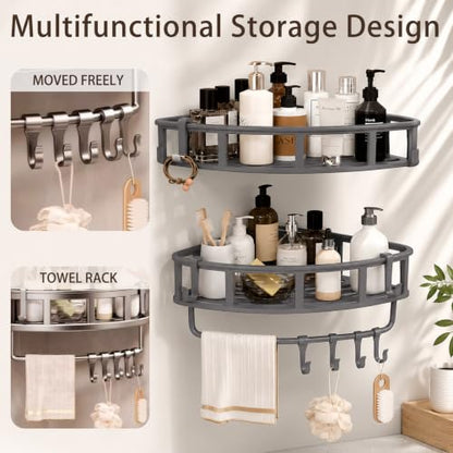 Shower Caddy Hanging Gray, 2 Pack Rustproof Adhesive Corner Shower Shelves | 40 Lb Secure Hold, Powder-Coated Stainless Steel, Fast-Draining Wire Baskets, 5 Removable Hooks, Fit 90-Degree Tile and Glass