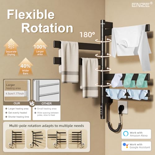Smart Rotating Heated Towel Rack, 5-Bar Wall-Mounted, Black | Electric Towel Warmer for Bathroom, Swivel Bars, Wi-Fi App Control, 1-24H Timer, 115-155°F, 120W, IPX5, Plug-In or Hardwired - color: Black 17.72"x26.77"