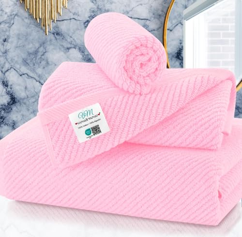 VOOVA & MOVAS 3PC Towel Set, 100% Cotton, Pink | 1 Large Bath 30x56 In, 1 Hand 18x28 In, 1 Washcloth 13x13 In, Quick Dry, Thick, Bathroom Essentials - color: Baby Pink, size: 3 PC Bathroom Towel Set