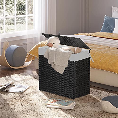 Greenstell Laundry Hamper with Lid, 125L Large Clothes Hamper with 3 Section & 2 Section Removable Liner Bags & 5 Mesh Laundry Bags, Handwoven Synthetic Rattan Divided Laundry Basket, Black - color: Black