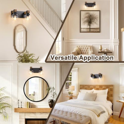 Farmhouse Bathroom Vanity Light, 2-Light Wood Bathroom Light Fixtures Over Mirror, Black Vanity Lighting Fixtures with Glass Shades, Rustic Bathroom Lighting for Living Room Bedroom Hallway - size: 2-Light