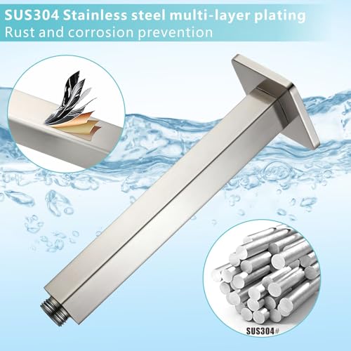 Ceiling Mounted Shower Arm with Flange, Universal Connection 1/2 NPT Straight, Made of Thicken Stainless Steel, Square Extension Arm for Fixed Rain Shower Head(8 Inch,Brushed Nickel) - color: Brushed Nickel, style: 8 Inch