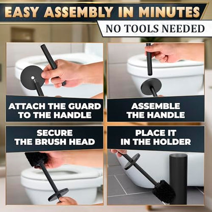 Stainless Steel Toilet Brush and Holder Set, Splash Guard (Black) | Matte Black Toilet Brush and Holder Set, Removable Bowl, Dense Bristles, Long Handle, Scratch Resistant, for Modern Bathrooms - color: Black