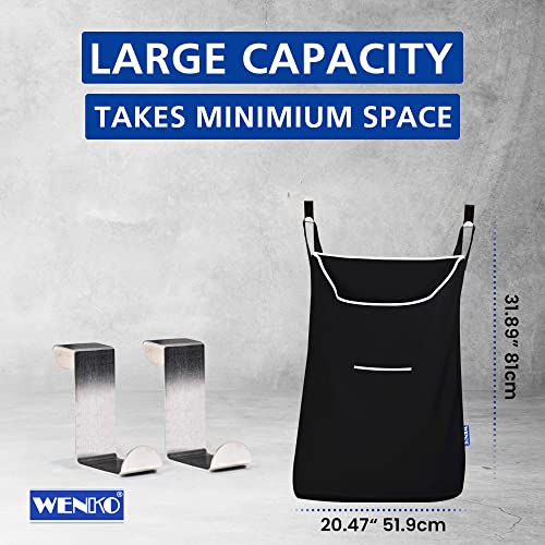 WENKO Laundry Hamper Bag Hanging, Over The Door Basket with Hooks, for Bathroom, Closet, Space Saving Storage, Wall mounted 3.94 x 20.47 x 31.89 in, Black - color: Black