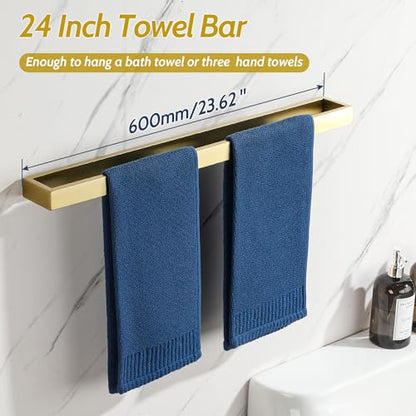 Sayayo Brushed Gold Towel Bar for Bathroom, 24 Inch Hand Towel Holder Wall Mount Square Towel Ring SUS304 Stainless Steel Towel Rack - color: Gold, size: 24 INCH