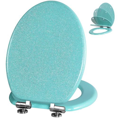 Angol Shiold Glitter Toilet Seat Molded Wood Elongated Toilet Seat with Quietly Close and Quick Release Hinges, Easy to Clean also Easy to Install (Elongated 18.5'', Green) - color: Green, size: Elongated 18.5‘’