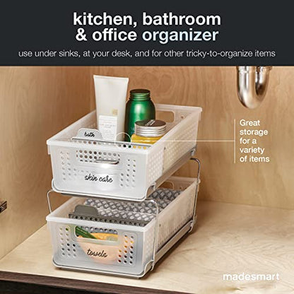 madesmart Two Tier Organizer with Dividers, Frost | pull out bins, tiered access, cleaning supplies, under sink use, pantry bottles, woman owned
