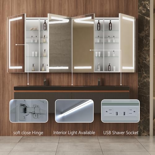 84" W Smart Lighted Medicine Cabinet with Mirror for Bathroom, Recessed/Surface Mount Medicine Cabinet with Anti-Fog, 1800W Charging Station, USB Ports, 3 Color Lights