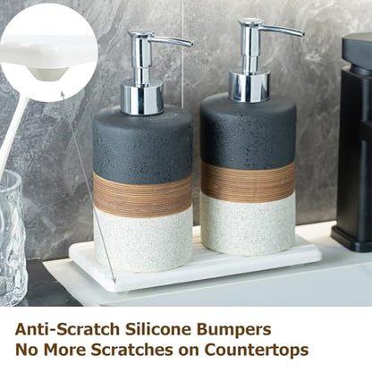 Ceramic Dish Soap Dispensers Set of 2 for Kitchen Sink and Bathroom | Hand Soap and Lotion Dispenser Set, Shampoo and Conditioner Bottles | with Stainless Steel Pump, Silicone Funnel, Tray, Black - color: Black and White, size: 2xSoap Dispenser Set with T