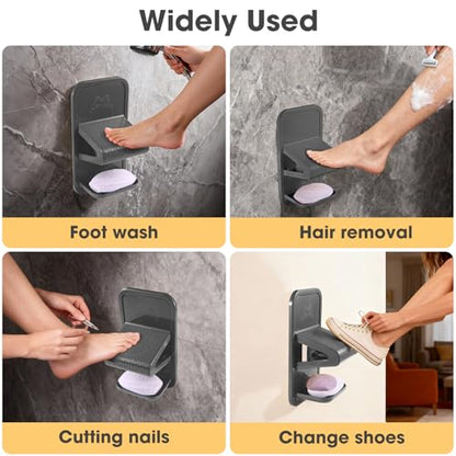 Shower Foot Rest for Shaving Legs, No Drill Strong Adhesive（Dark Gray） | The shower foot rest features a drainable soap storage box and is made of thickened plastic, ensuring durability and safety. - color: Dark Gray