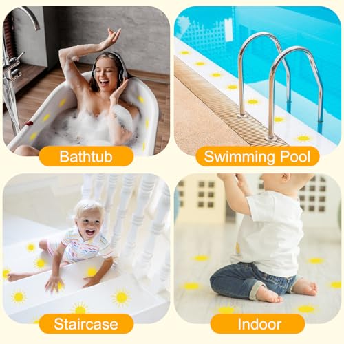 24 Pcs Sun Non Slip Bathtub Stickers Shower Stickers Cute Yellow Sun Bath Tub Decals with Scraper, Anti Slip Safety Shower Treads for Bathroom, Stairs, Pool Steps