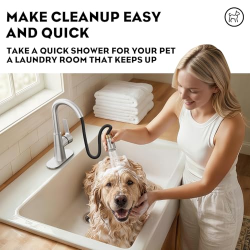 Tall Bathroom Faucets with Pull Down Sprayer, Brushed Nickel High Arc Single Handle Pull Out Faucet, 1 or 3 Hole Utility Sink Laundry Bar Faucet Pull Out with Deck Plate WE10CL-ZY-BN - color: Brushed Nickel