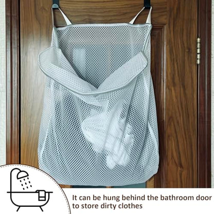 Hanging Washable Laundry Hamper | Over Door Mesh Laundry Bag with 2 Hooks, Tangle-Free Delicates Protector