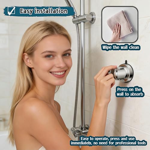 Vacuum Suction Cup Shower Head Holder, Adjustable Height No Drill Shower Arm Bracket with 360° Swivel, Handheld Shower Holder for Tile/Glass, Chrome Finish, Strong Hold for up to 11 lbs