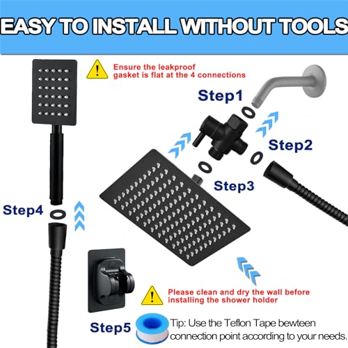 Black Shower Head and Handle Set All Metal, 8'' High Pressure Rain 2 in 1 Showerhead with Handheld Spray Combo with 78" Hose Stainless Steel, Adhesive Showerhead Holder, WOSAISIUS