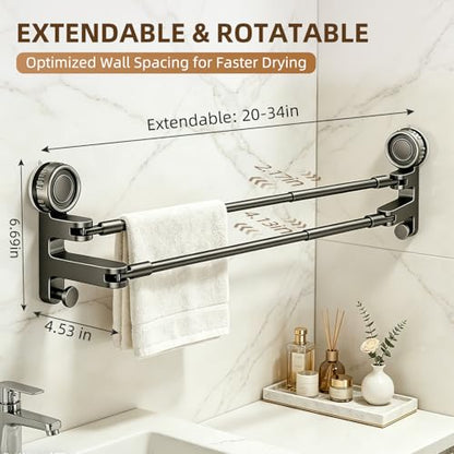 Adjustable Suction Cup Towel Bar, Grey, 20-34", 2-Tier | Extendable Carbon Steel Towel Racks, Space Saving, Bath Towel Holder with Hooks, No-Drill Mounted, For Bathroom Wall