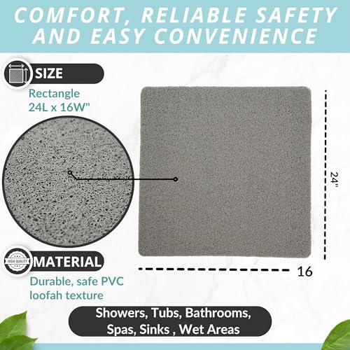 Enkosi Loofah Shower Mat Non Slip – Square Anti Slip Bath Mat for Inside Showers, Bathtub, Tub, Bathroom - Grey, Cushioned, Quick Dry PVC, with Drain Holes - Secure Grip Safety Pad (Grey 24x24) - color: Grey, size: 24" x 24" (Square)