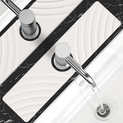 SpaceHacks Stone Faucet Mat for Kitchen Sink - Fast Drying Diatomite Stone Drying Mat, Textured Drainage Sink Protector, Water Splash Guard with Base Pads for Bathroom Counter (15.7x4 in, White) - color: White, size: 15.7" × 4"