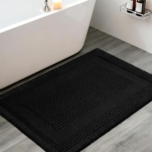 Upgraded Waffle Bath Mat, 32"x20" Black-Looped, Super Absorbent Non-Slip Quick Dry Bathroom Rugs with Tassels, Machine Washable Ultra Soft Boho Bath Rugs for Floor, Toilet Mats Boho Farmhouse Decor - color: Black, size: 1'8" x 2'8" (Rectangular)