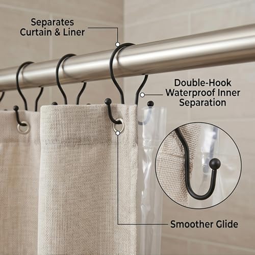 12Pcs Stainless Shower Curtain Hooks,Sturdy Metal Shower Curtain Rings,Glide Roller Double Shower Hooks,Rust Proof Anti-Drop Curtain Hooks,Smooth Sliding Rings for Bathroom Shower Rods Curtains,Black
