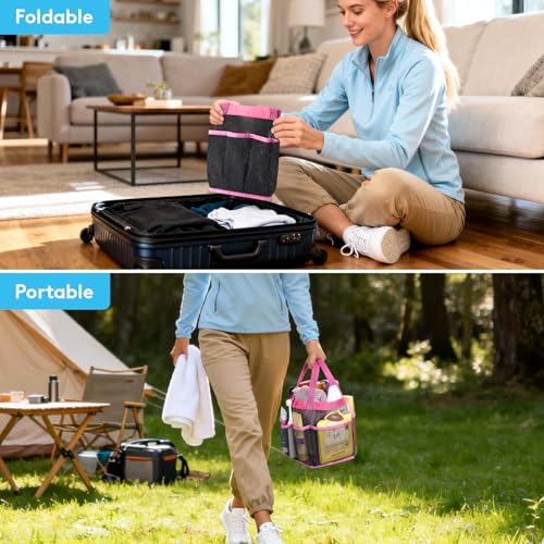 Lifewit Mesh Shower Caddy Portable for College Dorm Room Essentials with 7 Pockets, Freestanding Hanging Organizer Basket, Quick Dry Tote Bag for Camping, Bathroom, Beach, Travel, 1 Pack, Pink | 2 Handles, Freestanding, Quick Dry Tote Bag, 7 Pockets, for