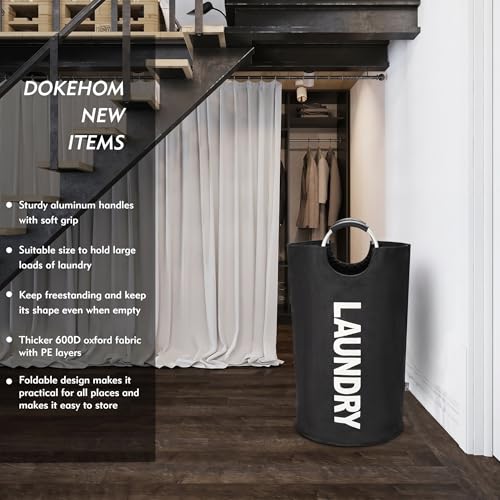 DOKEHOM 90L Large Laundry Basket Bag, Collapsible Tall Hamper, Black | Freestanding tall washing bin & foldable laundry bag. High-capacity clothes storage basket with durable sturdy handles - color: Black, size: 90L