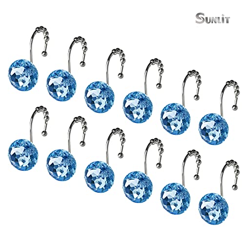 Sunlit Luxury Design Round Blue Diamond Crystal Gem Bling with Glide Balls Shower Curtain Hooks, Rust Proof Metal Rhinestones Glam Shower Curtain Rings-12 Pack - color: Blue