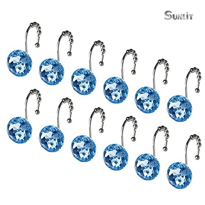 Sunlit Luxury Design Round Blue Diamond Crystal Gem Bling with Glide Balls Shower Curtain Hooks, Rust Proof Metal Rhinestones Glam Shower Curtain Rings-12 Pack - color: Blue