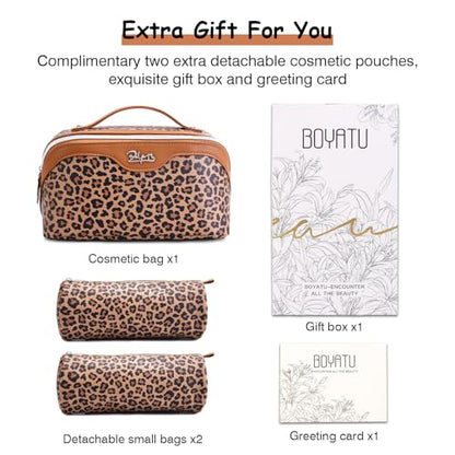 BOYATU Travel Makeup Bag for Women: 3 Pcs Set Portable Make up Bags with Handle - Leopard Print Cosmetic Bags with Comparments - Waterproof Vegan Leather Toiletry Bag (A-1-Brown) - color: 02-A-Brown