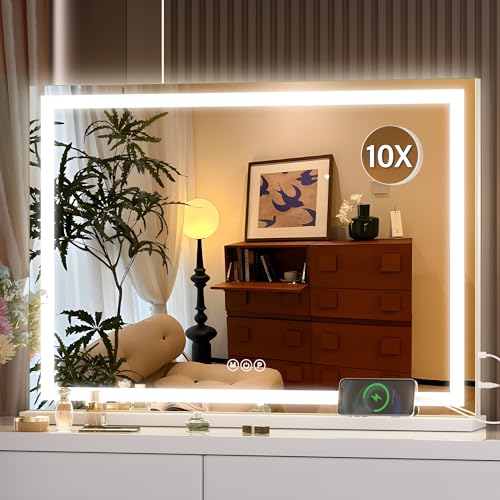 Hasipu Vanity Mirror with Lights, 28" x 20" LED Makeup Mirror, Lighted Makeup Mirror with Dimmable 3 Modes, Touch Screen Control Vanity Mirror Square White - color: White, size: 28"L x 20"W