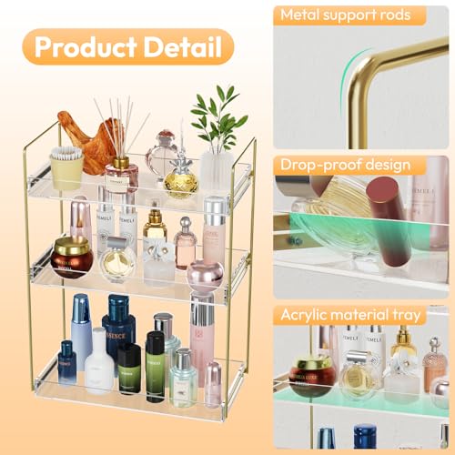 Bathroom Countertop Organizer, 3 Tier Acrylic Tray Vanity Counter Skincare Organizer Shelf, Kitchen Under Sink Standing Rack, Home Storage Holder for Lotion Makeup Cosmetics Perfume Spice, Gold | Kitchen Under Sink Standing Rack, Home Storage Holder for L