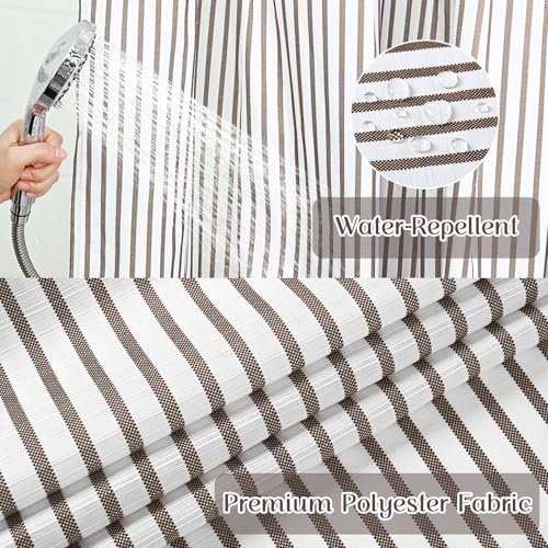 ASPMIZ Farmhouse Striped Shower Curtain and Liner Set No Hook, Brown 71x86 | No Hook Shower Curtain with Snap in Liner Fabric, Rustic Washable Waterproof Bathroom Curtains with Button, Mesh Top Window - color: Brown Striped, size: 71"W x 86"L (Pack of 1),