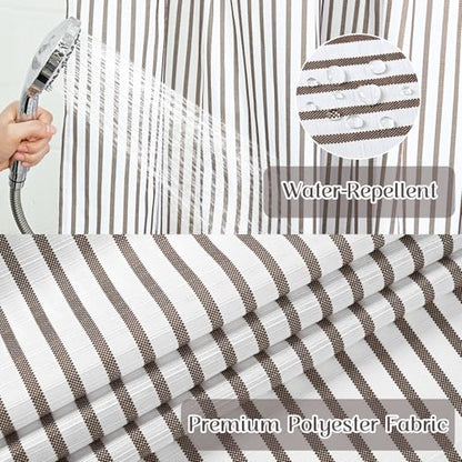 ASPMIZ Farmhouse Striped Shower Curtain and Liner Set No Hook, Brown 71x86 | No Hook Shower Curtain with Snap in Liner Fabric, Rustic Washable Waterproof Bathroom Curtains with Button, Mesh Top Window - color: Brown Striped, size: 71"W x 86"L (Pack of 1),