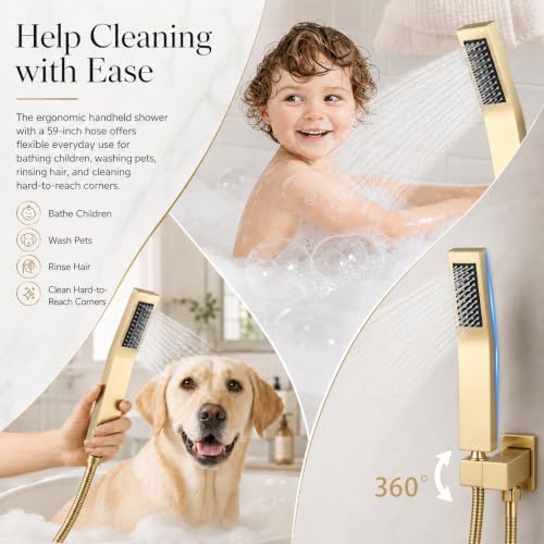 Dual Rainfall Shower Head System for 2 People Shower Faucet Set, Push Button Diverter Solid Brass Pressure-Balanced Valve Shower System (Brushed Gold)