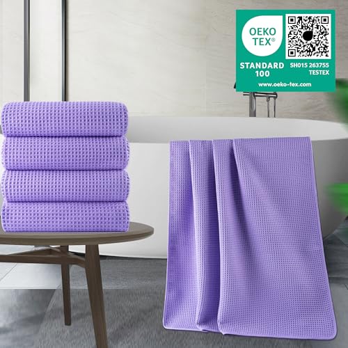 POLYTE 430 GSM Poly Blend Microfiber Quick Dry Waffle Bath Towel, 30x60 in | 4 Pack, Oversize, Lint Free, Body Towel - color: Purple