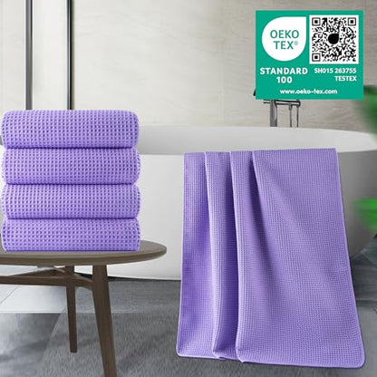 POLYTE 430 GSM Poly Blend Microfiber Quick Dry Waffle Bath Towel, 30x60 in | 4 Pack, Oversize, Lint Free, Body Towel - color: Purple
