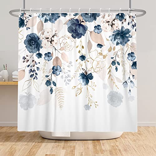Navy Blue Floral Shower Curtain, Watercolor Boho Flower Leaves Shower Curtain Nature Plant Spring Aesthetic Waterproof Fabric Bathroom Decor Curtain Sets with Hooks 48x72 inch - color: Navy Blue, size: 48"W x 72"L (Pack of 1)