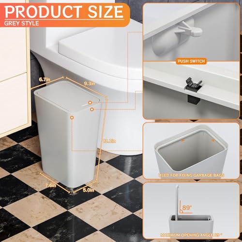 Yieach 12L Slim Bathroom Trash Can with Lid,3.17 Gallon Pet/Dog Proof Kitchen Trash Can,Rectangle Thin Garbage Can,Covered Waste Basket,Narrow Small Plastic Trashcan for Room,Bedroom,Office,Grey 2PCS - color: Gray, size: 12L - 2 PACK