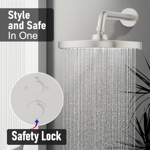 KOJOX Thermostatic Shower System 10-Inch Rainfall Shower Head - 3 Setting Handheld Sprayer, Complete Bathroom Set with Faucet Mixer Trim Kit & Valve Brushed Nickel, KJT1005N