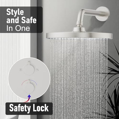 KOJOX Thermostatic Shower System 10-Inch Rainfall Shower Head - 3 Setting Handheld Sprayer, Complete Bathroom Set with Faucet Mixer Trim Kit & Valve Brushed Nickel, KJT1005N