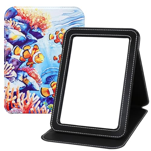 Portable Folding Makeup Mirror, 9x7 Inch PU Leather Desk Foldable Travel Mirror, Multi-Angle Rectangular HD Vanity Mirror with Adjustable Stand for Traveling Office Table Camping Home Rounded Corners - color: Pattern 6